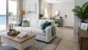 Bright coastal living room with white sofa, teal cushions, and a sea-view balcony.